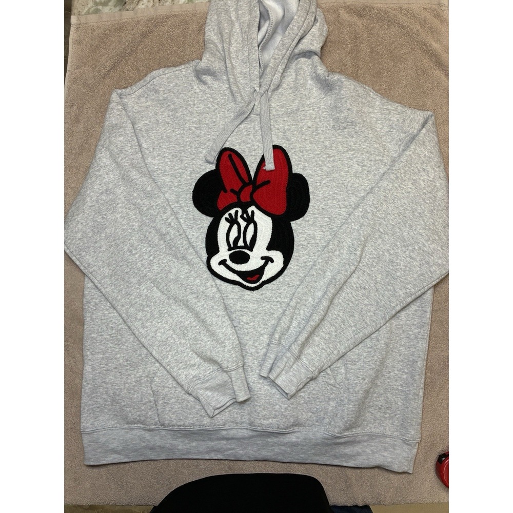 Disney Minnie Mouse Hoodie Sz XL Licensed Crochet Patch Sweatshirt Heather Gray